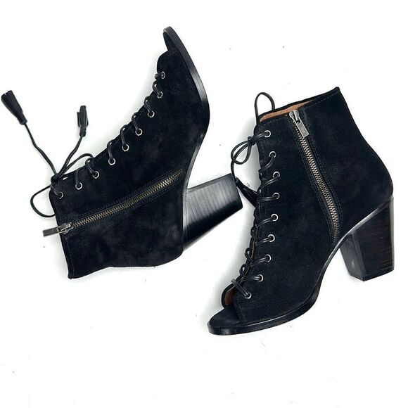 Frye Black Suede Leather Dani
Whipstitch Peep Toe Lace zip Booties block Heel 8 - Picture 4 of 13
